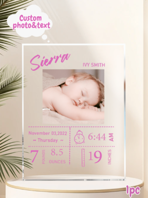 LICVIC 1pc Custom Acrylic Baby Announcement, Customized Baby Name/Text Memorial Plaque, Personalized Birth Announcement Sign, Acrylic Treasure Photo Plaque, Personalized Acrylic With Photos And Text, 12x16cm,