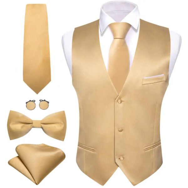 Luxury Vest for Men Gold Solid Silk Satin Waistcoat Bowtie Tie Set Sleeveless Jacket Wedding Formal Male Gilet Suit Barry Wang