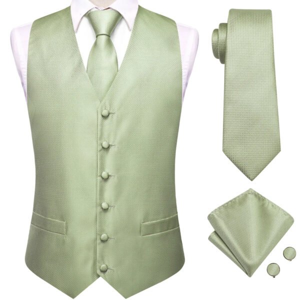 Hi-Tie Sage Green Solid Silk Mens Suit Vests 4PC Woven Waistcoat Tie Pocket Square Cufflinks Business Wedding Dress Waist Jacket
