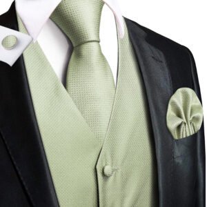 Hi-Tie Sage Green Solid Silk Mens Suit Vests 4PC Woven Waistcoat Tie Pocket Square Cufflinks Business Wedding Dress Waist Jacket