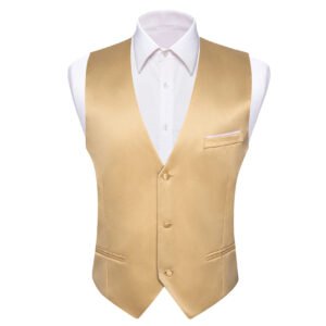 Luxury Vest for Men Gold Solid Silk Satin Waistcoat Bowtie Tie Set Sleeveless Jacket Wedding Formal Male Gilet Suit Barry Wang